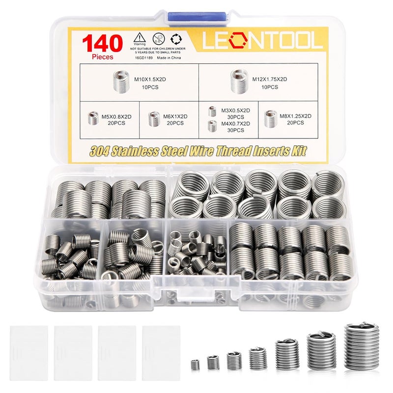 LEONTOOL 140 Pcs 304 Stainless Steel Wire Thread Inserts Steel Sheath Helical Type Coiled Wire Screw Repair Sleeve Assortment Kit Screws Sleeve Helicoil Type Thread Repair Kit Coiled Spiral Screw Kit - Image 1